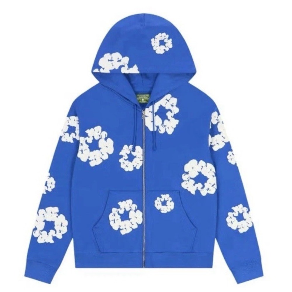 DENIM TEARS Cotton Wreath Fleece Zip Hoodie Blue Graphic Print Hooded Large NWT